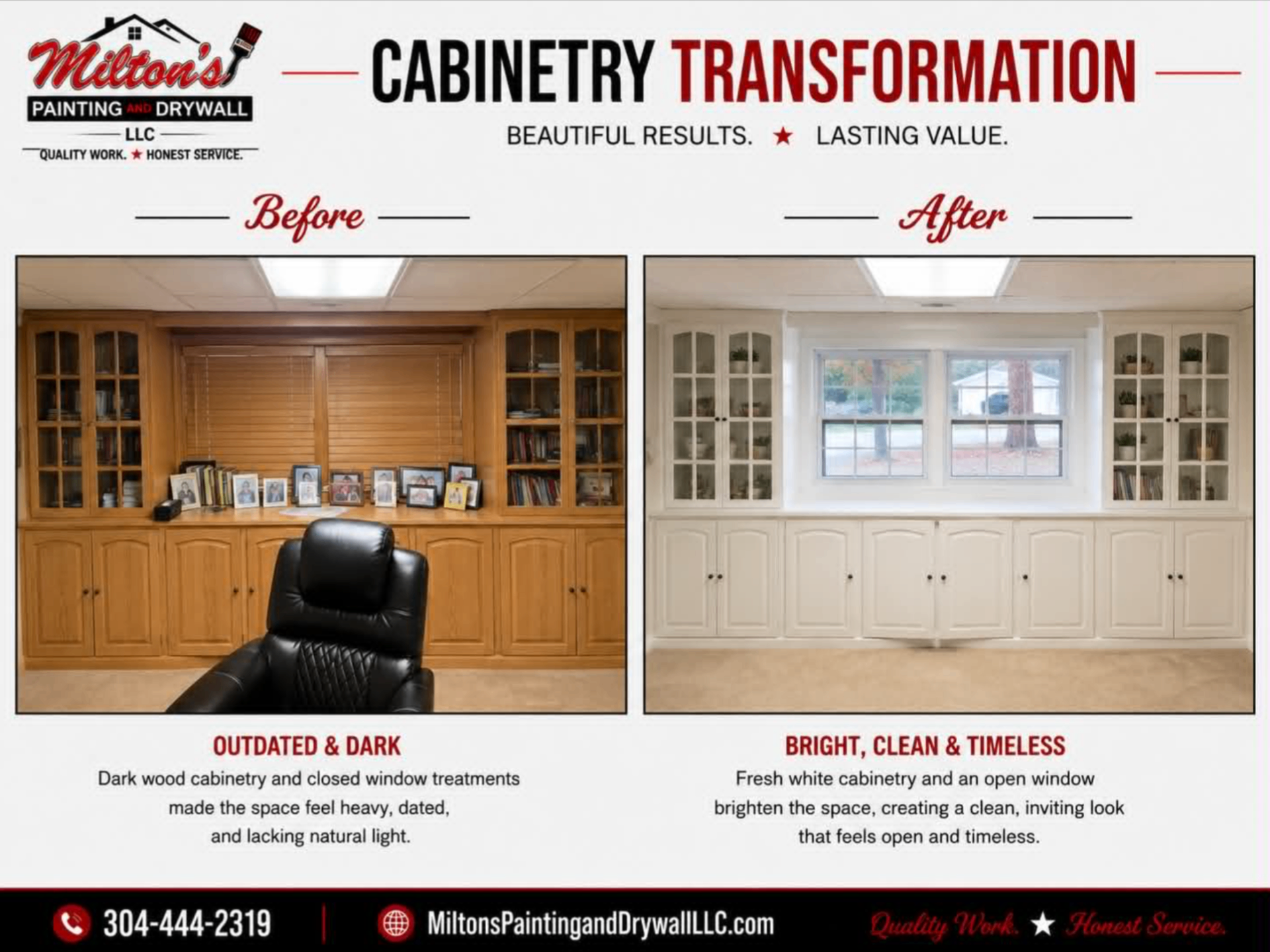Before and after built-in office cabinetry repainted from dark wood to a bright white finish.