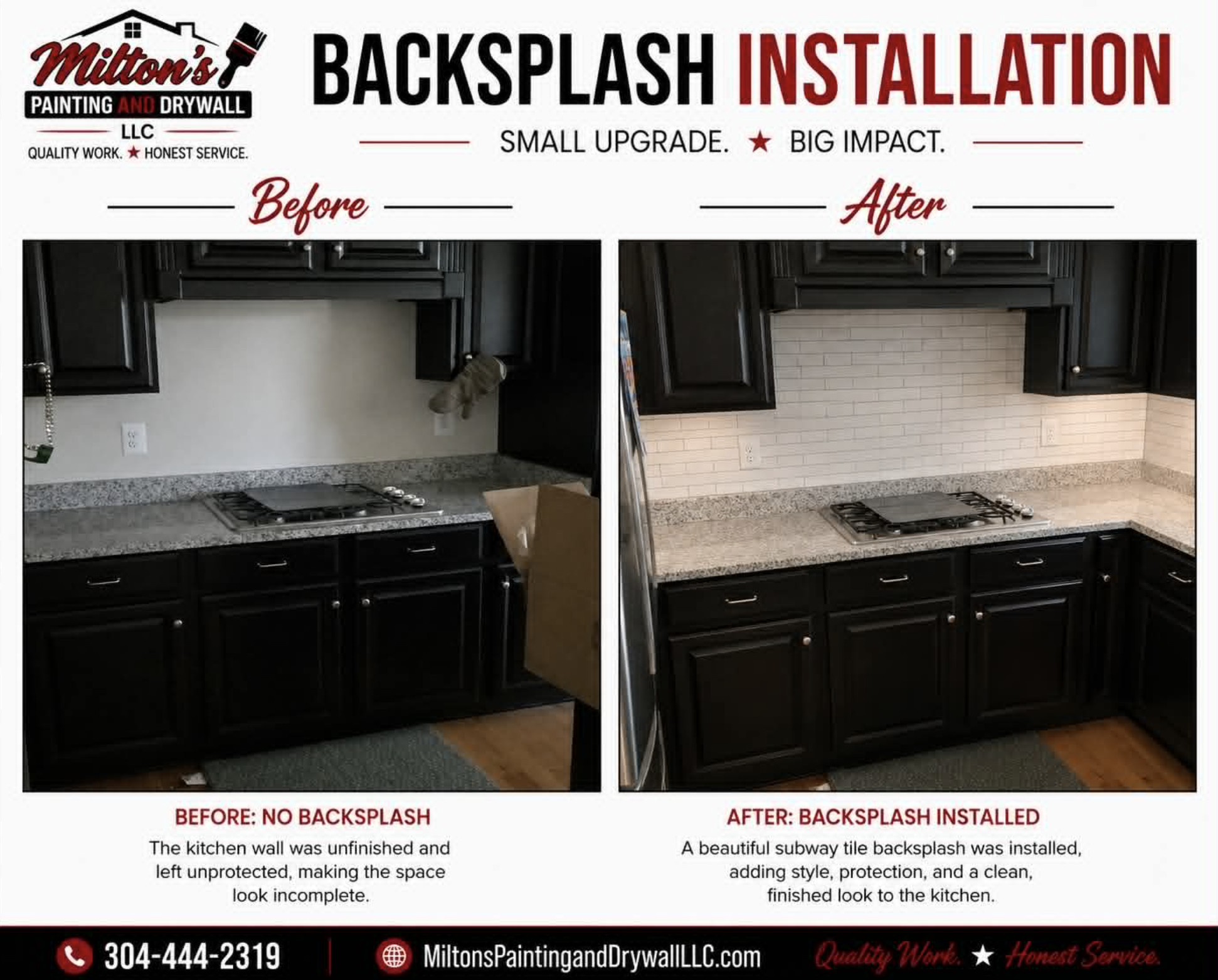 Before and after kitchen backsplash installation showing subway tile installed above the cooktop.